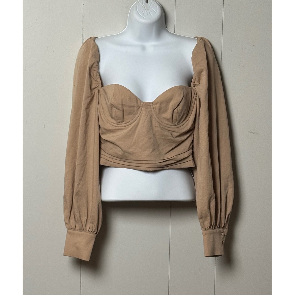 Majorelle Women Tan Ruched Bustier Crop Top Long Puff Sleeve Smocked Back Size M